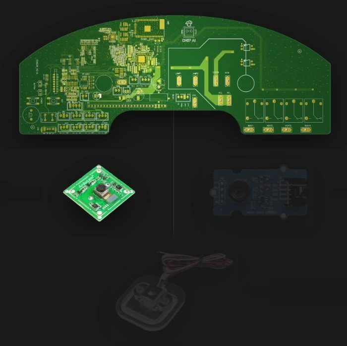 The CHEF AI module with the compute board and the RGB camera lit; the thermal camera and load cell are ghosted, not in this configuration